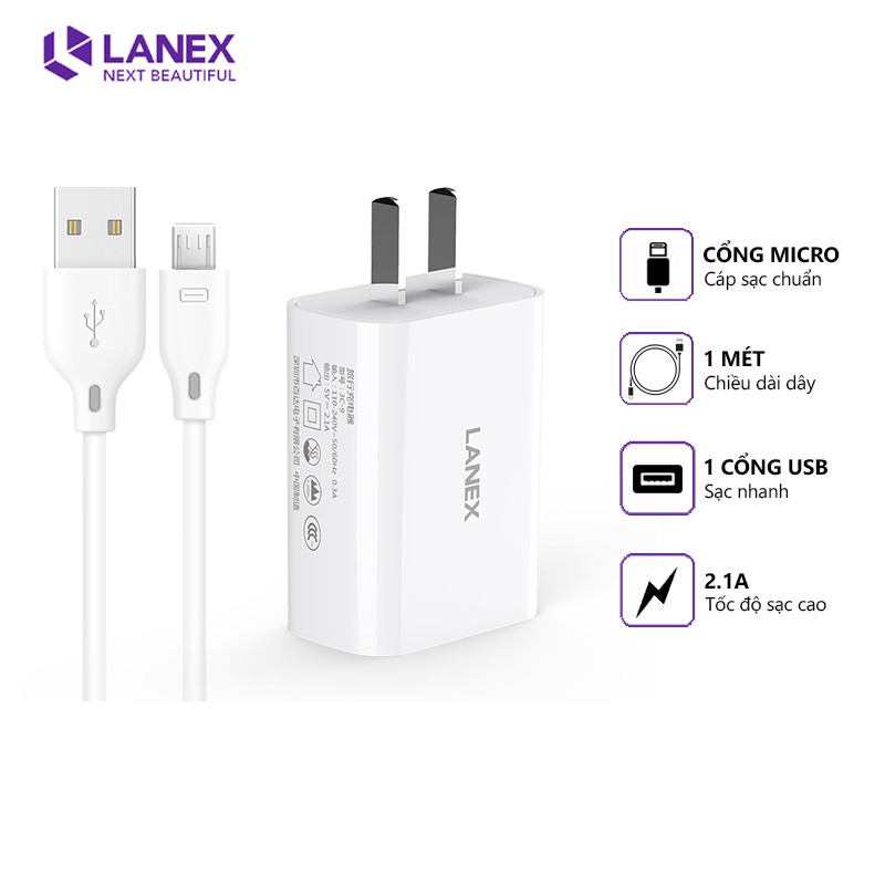Bộ Sạc Nhanh Lanex Micro USB 2.1A chính hãng, bảo hành 12 tháng
